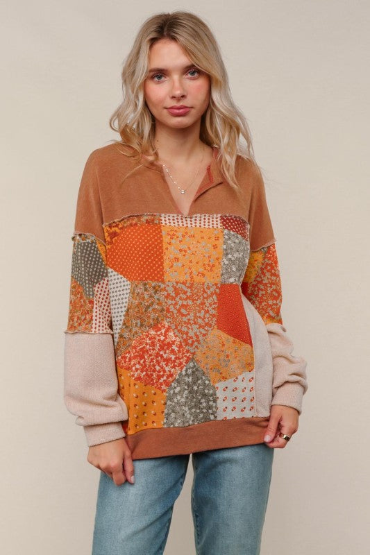 French Terry Knit Top W/plaid Patchwork Print