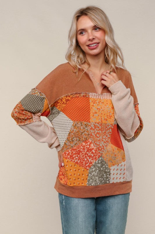 French Terry Knit Top W/plaid Patchwork Print