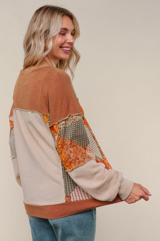 French Terry Knit Top W/plaid Patchwork Print