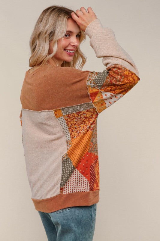 French Terry Knit Top W/plaid Patchwork Print
