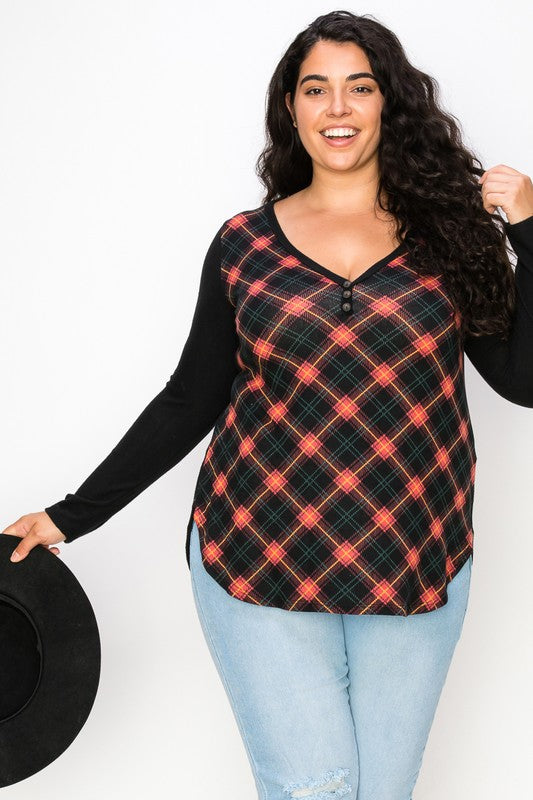 Plaid Back Detail Long Sleeve V Neck Top