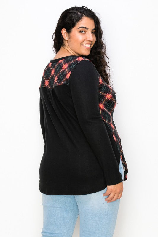Plaid Back Detail Long Sleeve V Neck Top
