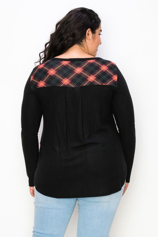 Plaid Back Detail Long Sleeve V Neck Top