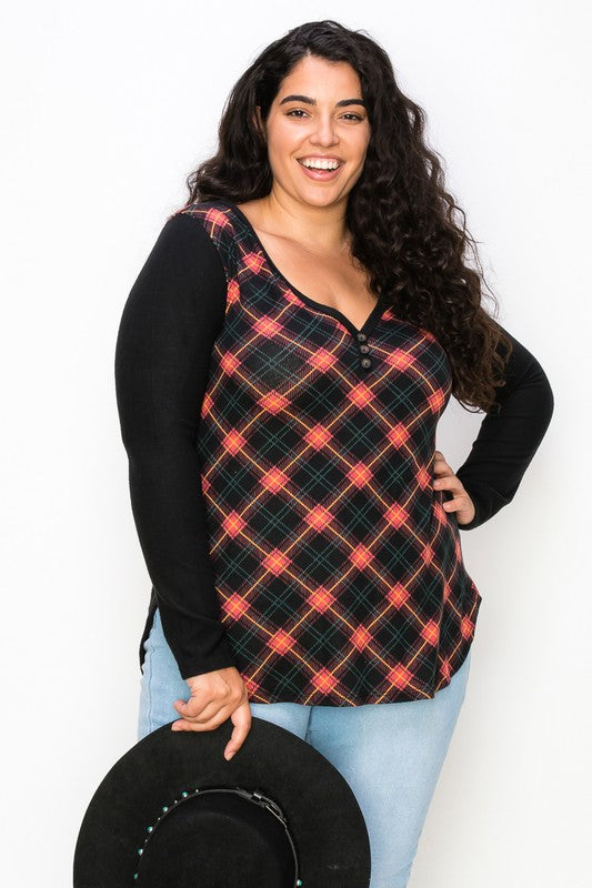 Plaid Back Detail Long Sleeve V Neck Top