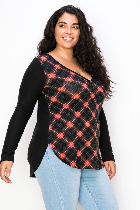 Plaid Back Detail Long Sleeve V Neck Top