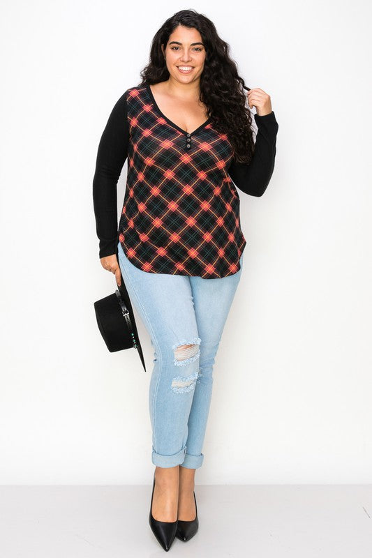 Plaid Back Detail Long Sleeve V Neck Top