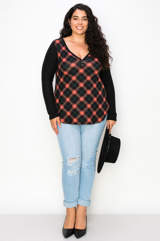 Plaid Back Detail Long Sleeve V Neck Top
