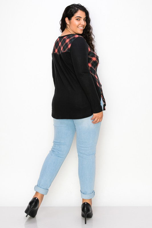 Plaid Back Detail Long Sleeve V Neck Top