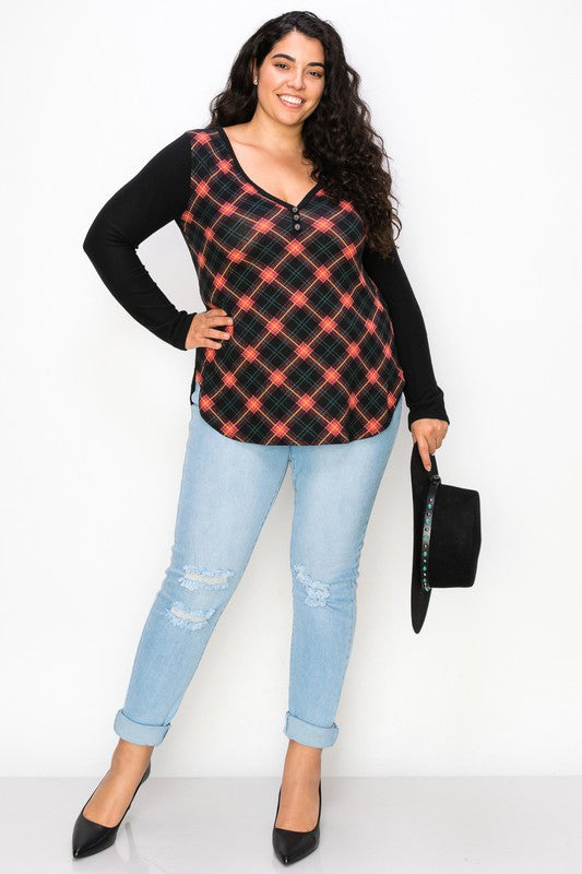 Plaid Back Detail Long Sleeve V Neck Top