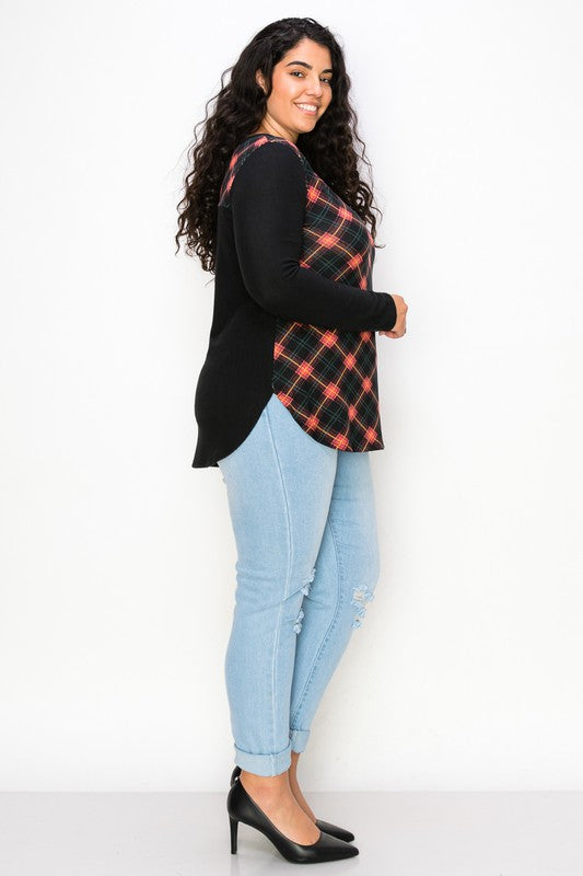 Plaid Back Detail Long Sleeve V Neck Top