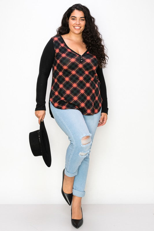 Plaid Back Detail Long Sleeve V Neck Top