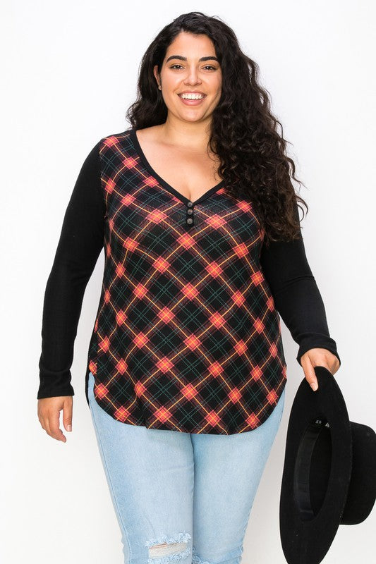 Plaid Back Detail Long Sleeve V Neck Top