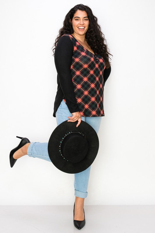 Plaid Back Detail Long Sleeve V Neck Top