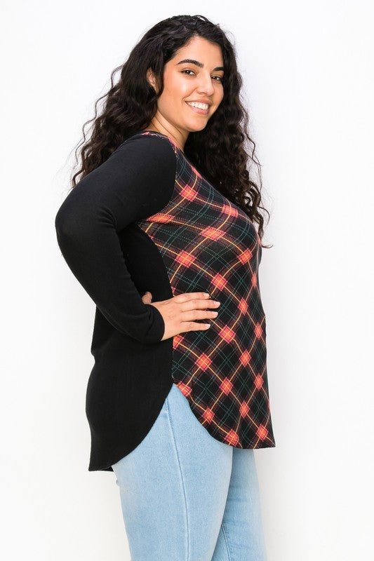 Plaid Back Detail Long Sleeve V Neck Top