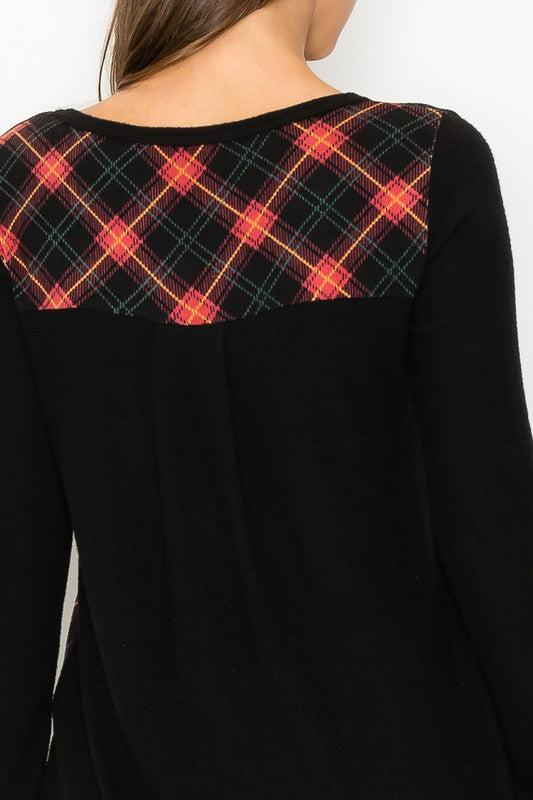 Plaid Back Detail Long Sleeve V Neck Top