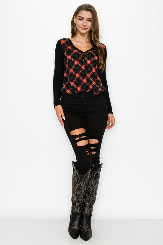 Plaid Back Detail Long Sleeve V Neck Top