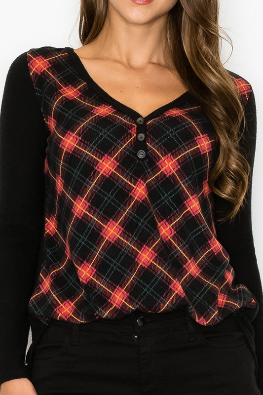 Plaid Back Detail Long Sleeve V Neck Top