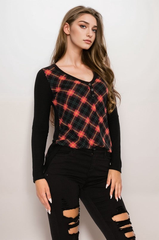 Plaid Back Detail Long Sleeve V Neck Top