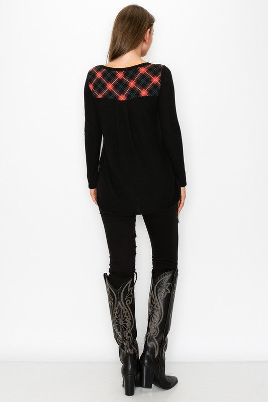 Plaid Back Detail Long Sleeve V Neck Top