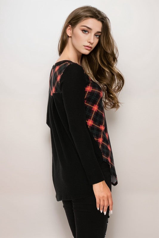 Plaid Back Detail Long Sleeve V Neck Top