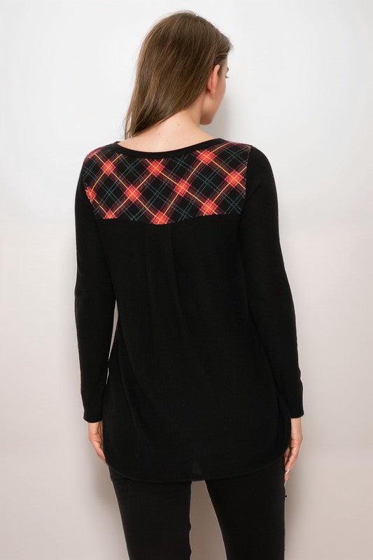 Plaid Back Detail Long Sleeve V Neck Top