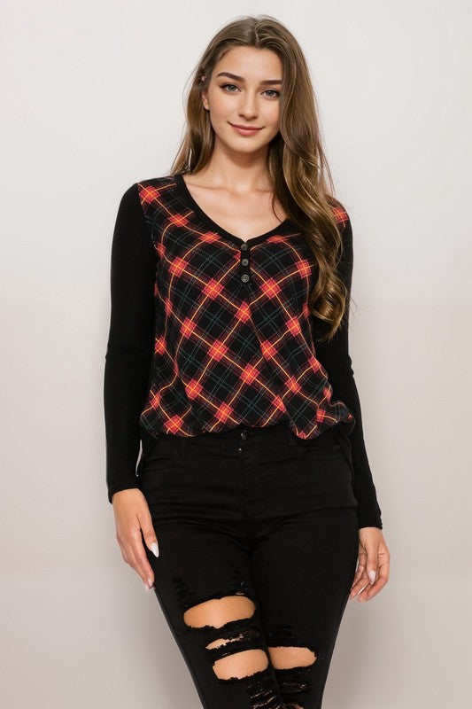 Plaid Back Detail Long Sleeve V Neck Top