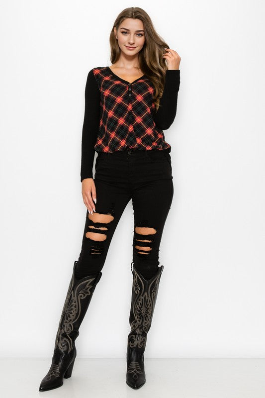 Plaid Back Detail Long Sleeve V Neck Top