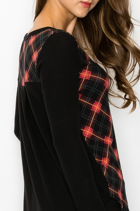 Plaid Back Detail Long Sleeve V Neck Top