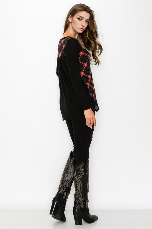 Plaid Back Detail Long Sleeve V Neck Top