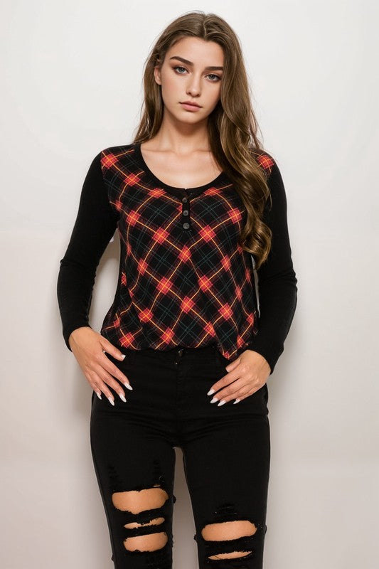 Plaid Back Detail Long Sleeve V Neck Top