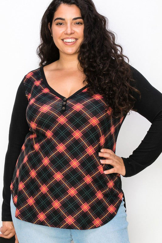 Plaid Back Detail Long Sleeve V Neck Top