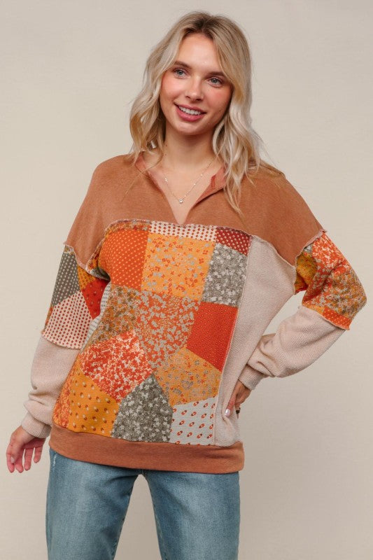 French Terry Knit Top W/plaid Patchwork Print