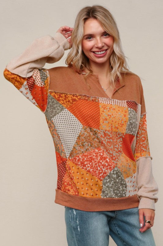 French Terry Knit Top W/plaid Patchwork Print